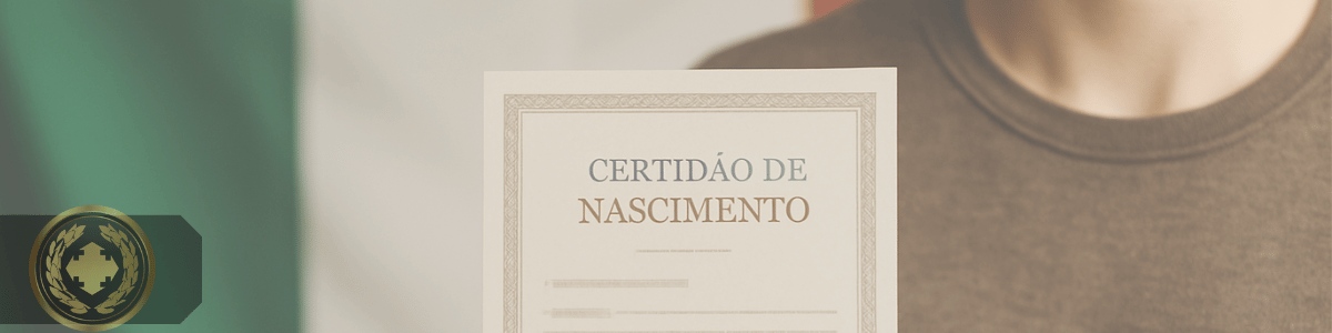 Pessoa segurando uma certidão de nascimento em frente a uma bandeira da Itália, em ambiente bem iluminado e com foco no documento
