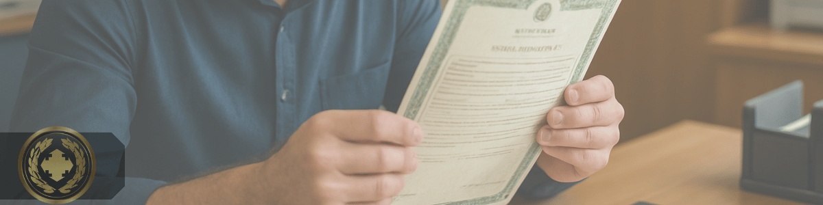 Funcionário de cartório analisa atentamente uma certidão de nascimento em seu escritório, com expressão concentrada e ambiente organizado ao fundo