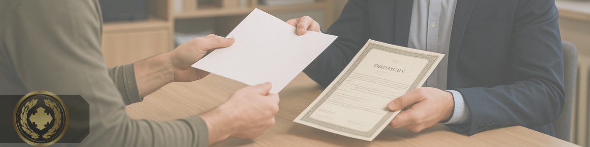 Uma pessoa entrega um documento a um funcionário de cartório, que devolve uma certidão