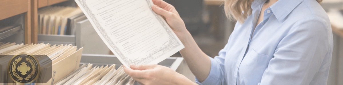 Uma mulher está em um escritório organizado, com gavetas de arquivo abertas à sua frente, segurando uma certidão recém-retirada