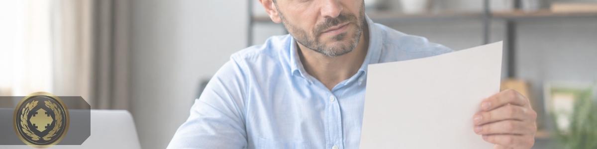 Homem analisando atentamente uma certidão em um ambiente de escritório, com expressão concentrada, iluminação natural e composição realista e profissional