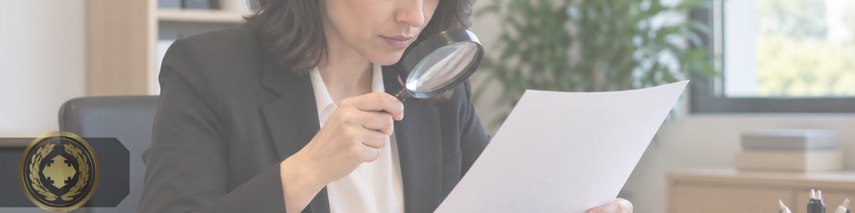 Funcionária de cartório analisando cuidadosamente um documento com uma lupa em seu escritório, demonstrando atenção aos detalhes e rigor na conferência da documentação